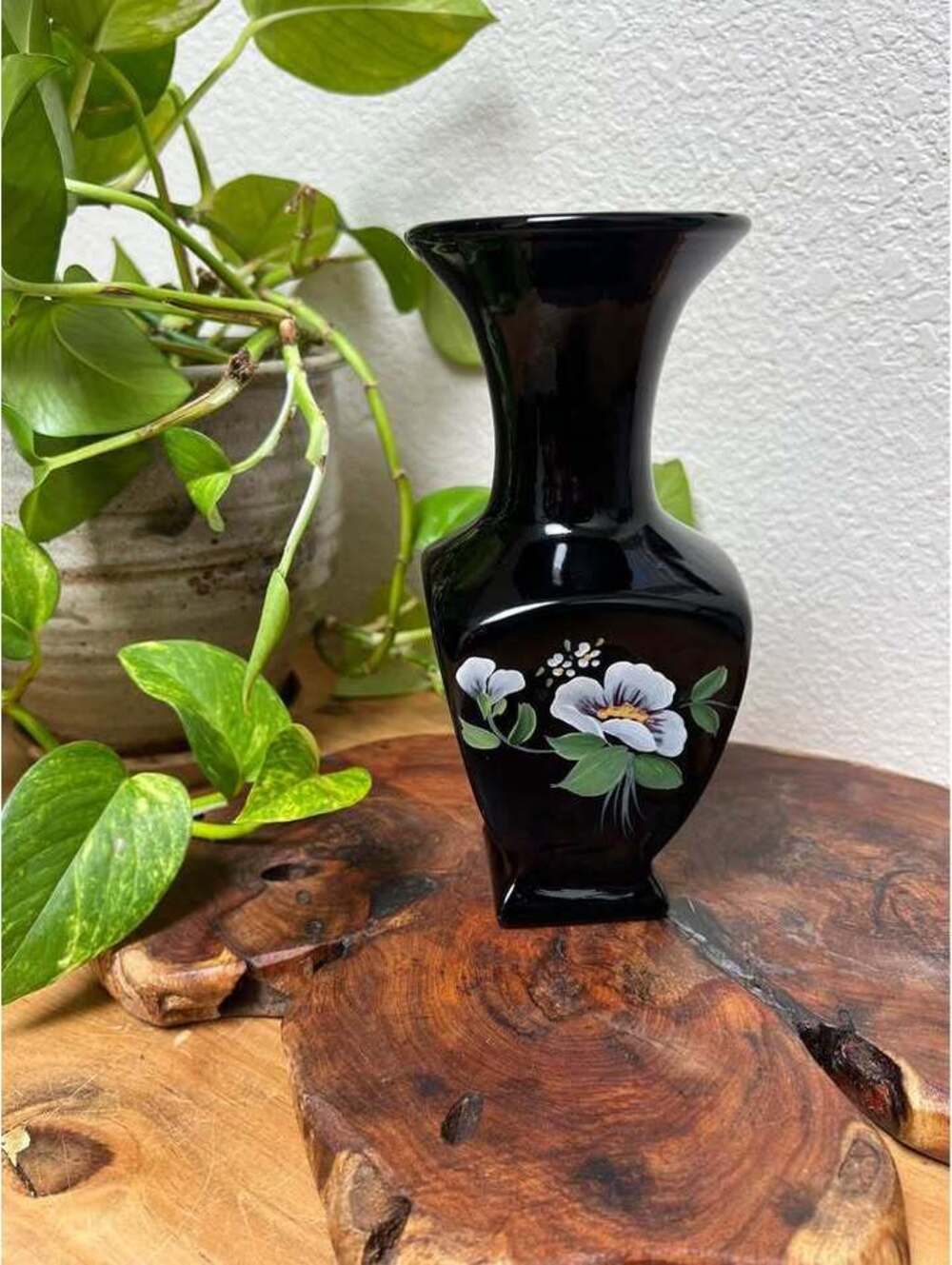 Vintage Fenton Hand Painted Black Glass Vase Floral Signed D Cutshaw Ebony